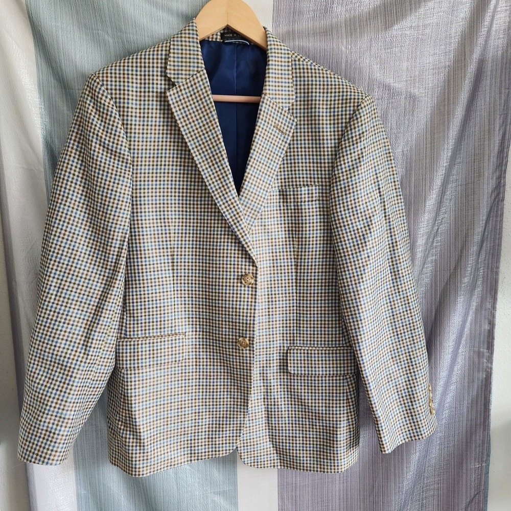 Tommy Hilfiger Mens Blue Brown Micro Check Two Button Blazer‎ Sport Coat 30.5L